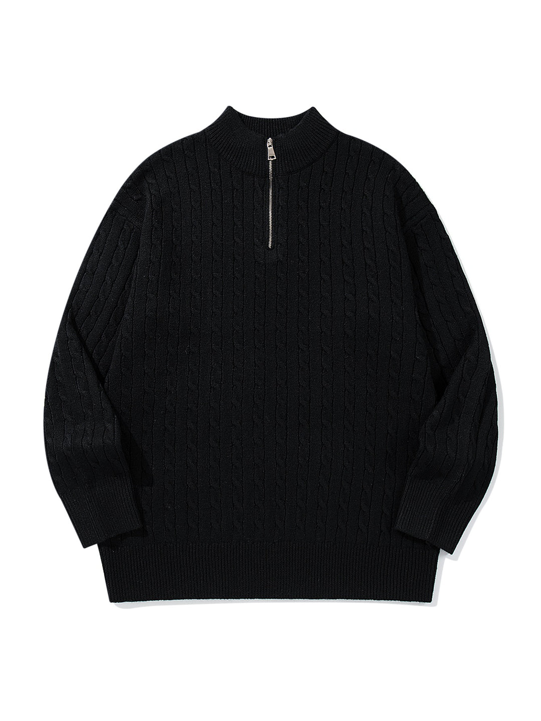 Unisex Zopfmuster-Halbzip-Strickpullover mit hohem Rippkragen und längerem Saum Echoarchiv