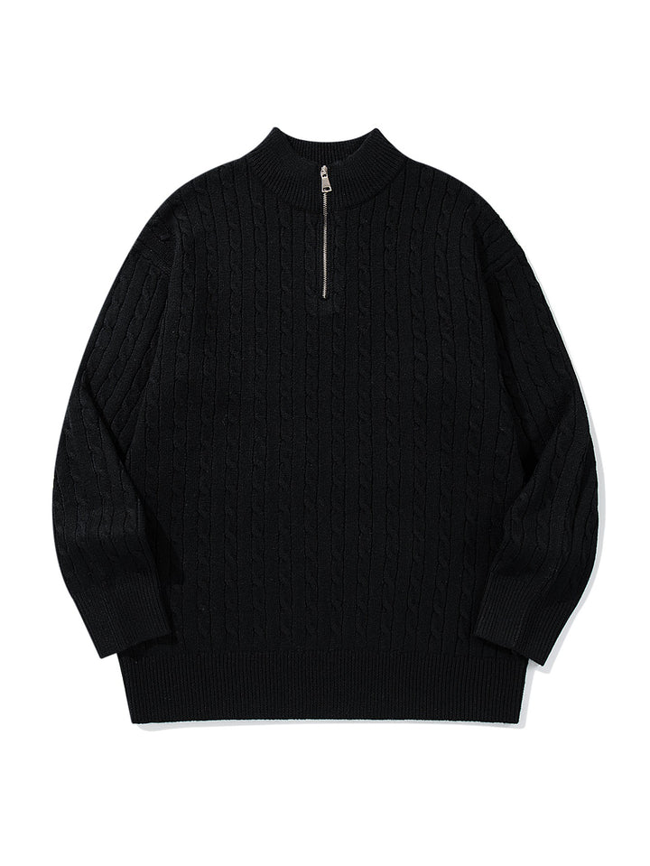 Unisex Zopfmuster-Halbzip-Strickpullover mit hohem Rippkragen und längerem Saum Echoarchiv