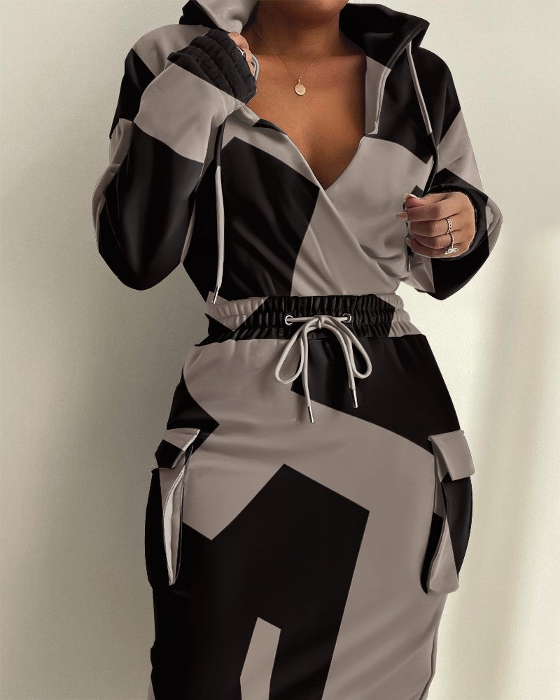Damen Kapuzen Sweatkleid mit V-Ausschnitt, Kordelzug-Taille und Cargo-Taschen Echoarchiv