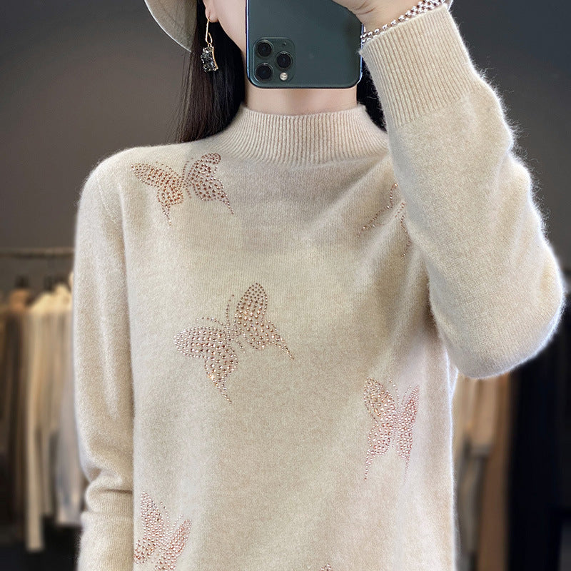 Damen Stehkragen-Feinstrickpullover mit Strass-Schmetterlingsapplikation Echoarchiv