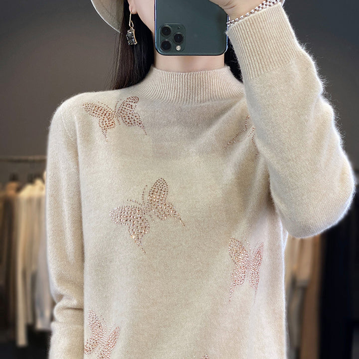 Damen Stehkragen-Feinstrickpullover mit Strass-Schmetterlingsapplikation Echoarchiv