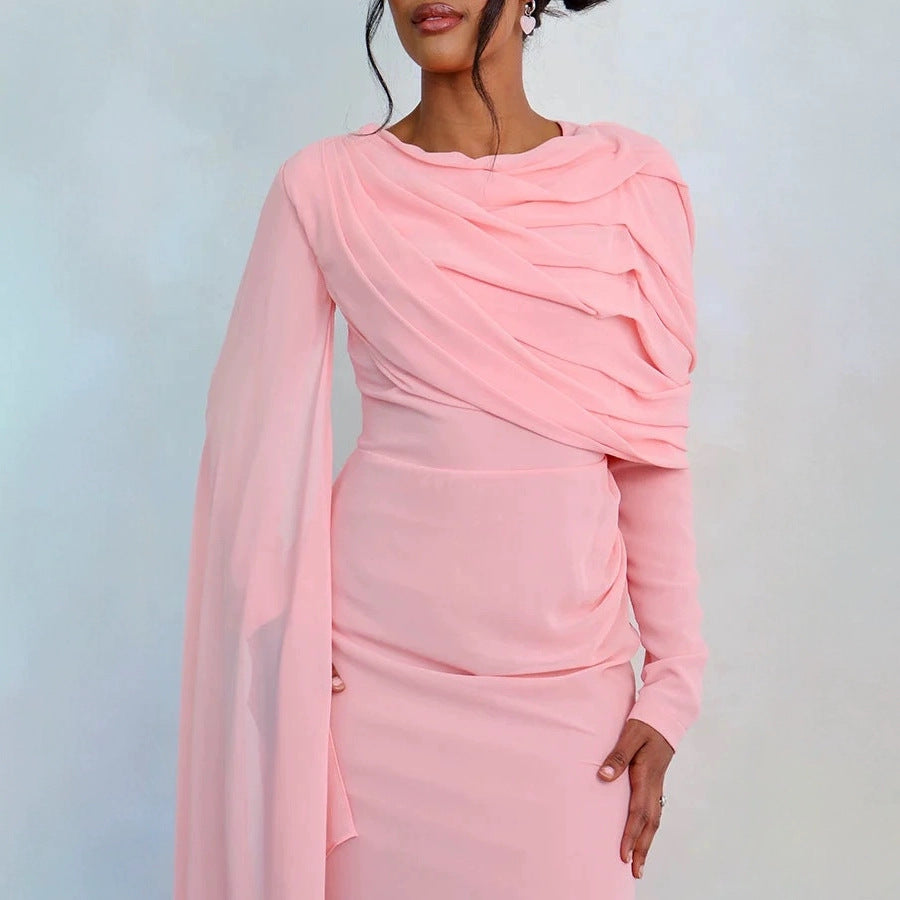 Damen Glamouröses Langarmkleid mit drapiertem Oberteil und fließendem Schnitt Echoarchiv