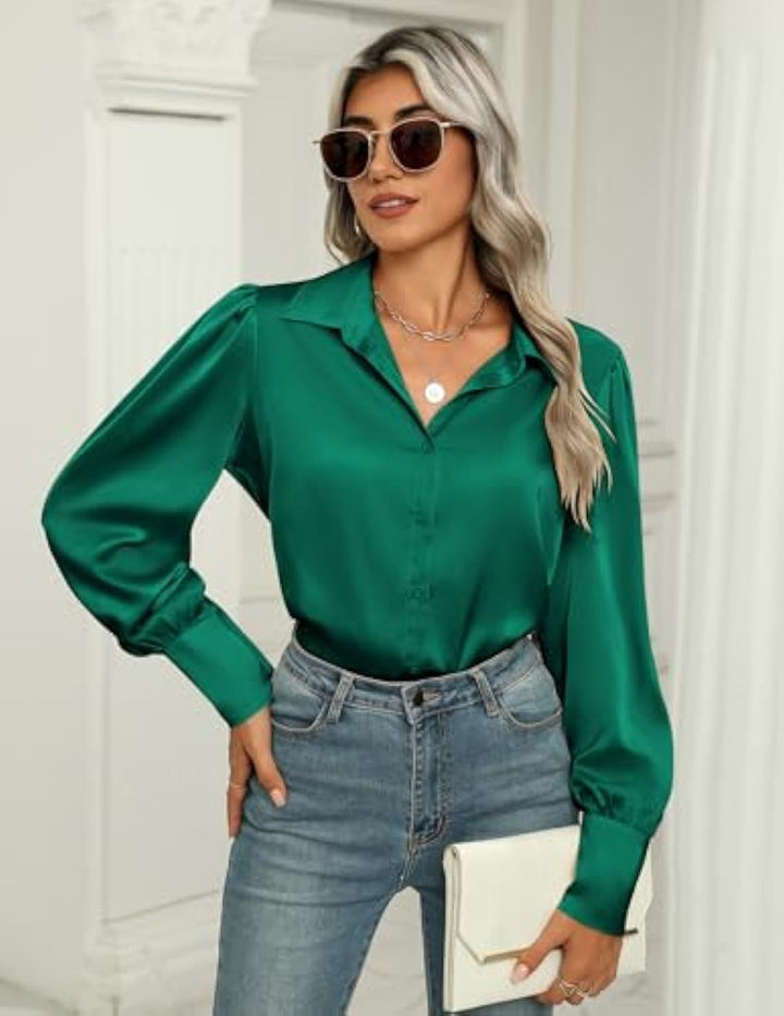 Damen Seidenoptik-Bluse mit Hemdkragen, verdeckter Knopfleiste und langen Manschetten – Élovi