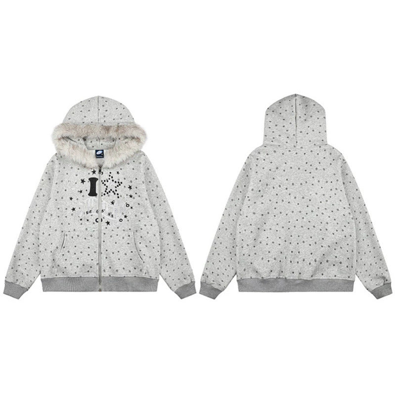 Damen Gepunktete Kapuzen-Sweatjacke mit Kunstfellbesatz, durchgehendem Reißverschluss und Kängurutaschen Echoarchiv