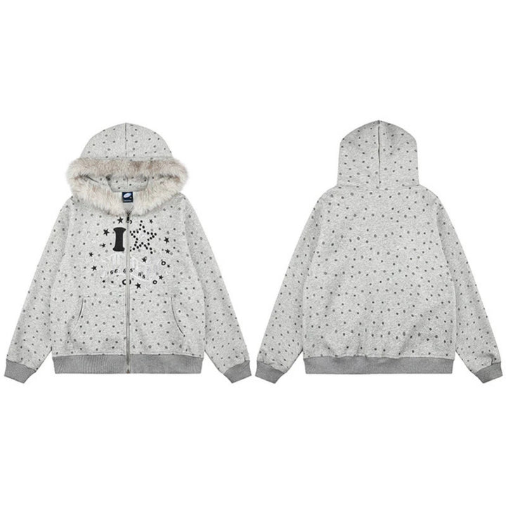 Damen Gepunktete Kapuzen-Sweatjacke mit Kunstfellbesatz, durchgehendem Reißverschluss und Kängurutaschen Echoarchiv