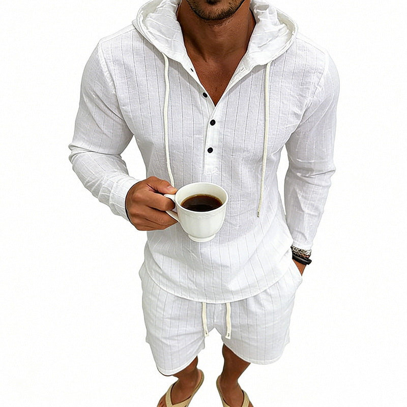 Herren nan gestreiftes Leinenoptik-Kapuzen-Henley-Set mit Tunnelzug-Shorts Echo Archiv