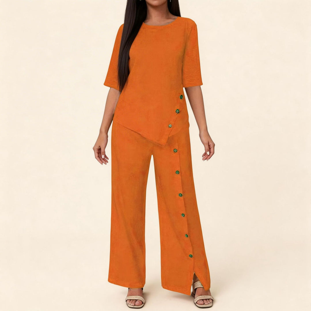 Damen asymmetrisches zweiteiliges Lounge-Set mit 3/4-Ärmeln und seitlicher Knopfverzierung Echoarchiv