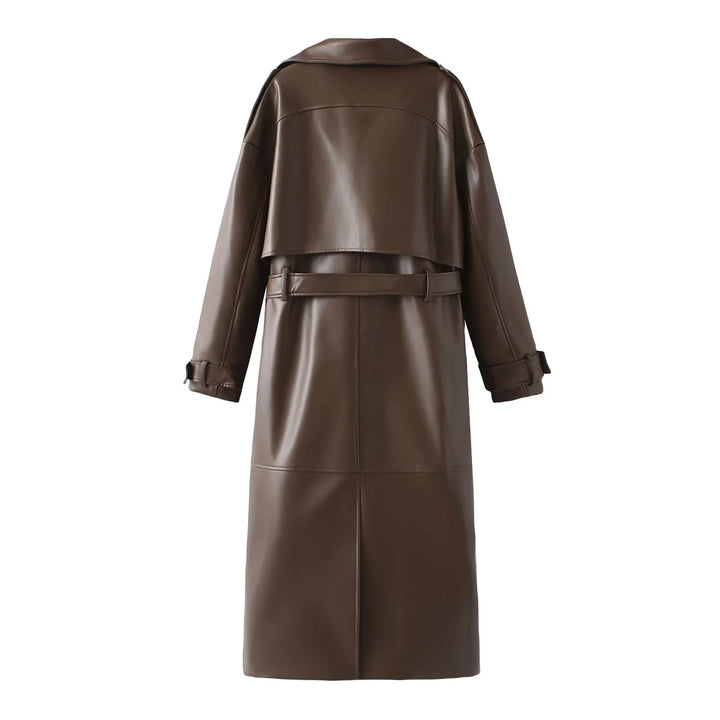 Damen taillierter veganer Trenchcoat aus Lederimitat mit Schalkragen und Bindegürtel – Montévia