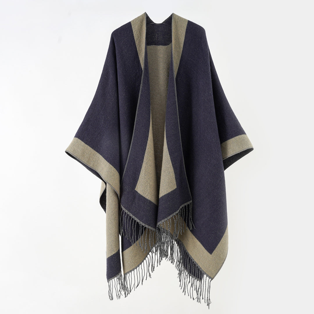 Damen Ruana‑Poncho mit Fransensaum und Fischgrät‑Webstruktur Echo Archiv