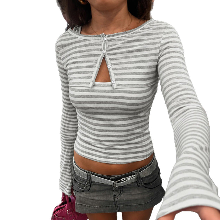 Damen Gestreiftes Cropped-Langarmshirt mit Boot-Ausschnitt und Zierschleife Echo Archiv