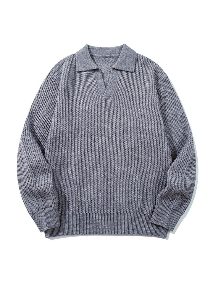 Herren Grobgestrickter Polokragen-Pullover mit V‑Ausschnitt und Rippenbündchen Echoarchiv