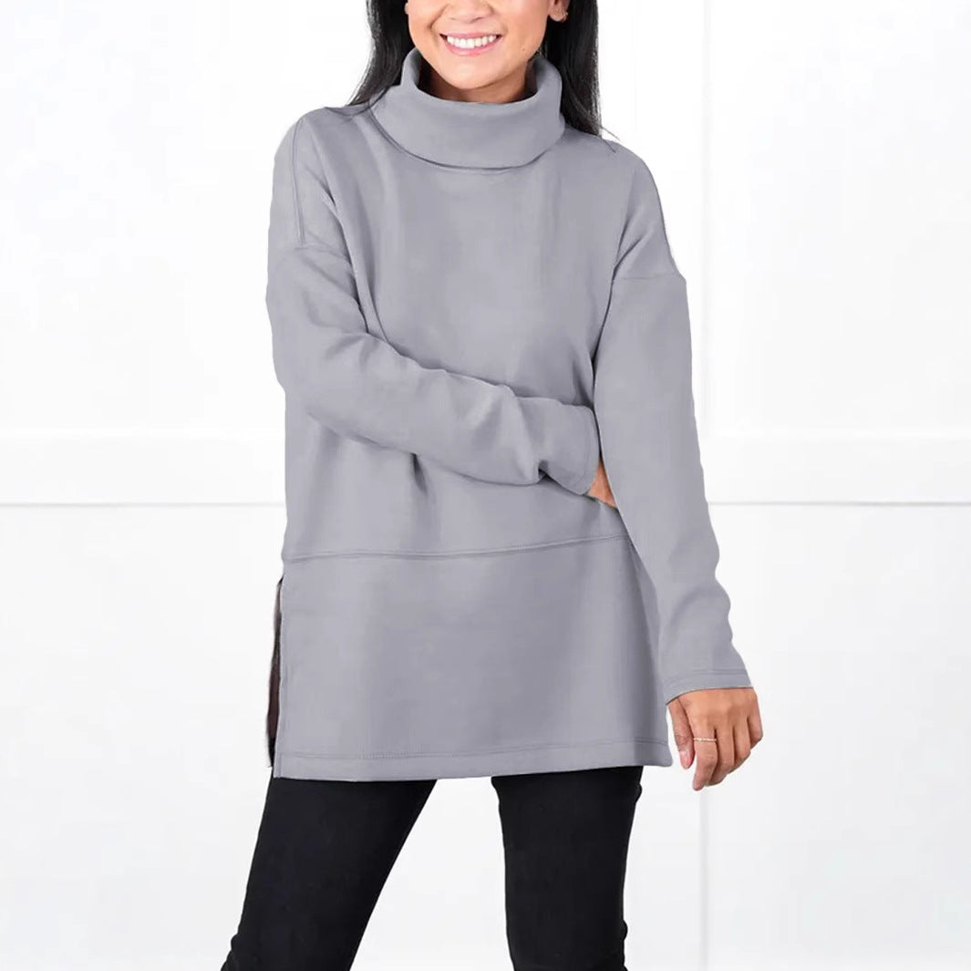 Damen Oversize Sweat-Tunika mit hohem Rollkragen, seitlichen Schlitzen und verlängertem Saum – Avérine