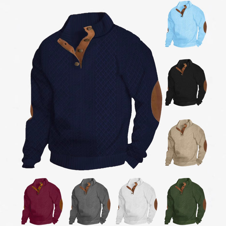 Herren nan Grobgestrickter Pullover mit Ellbogenpatches, Stehkragen und Knopfleiste Echo Archiv