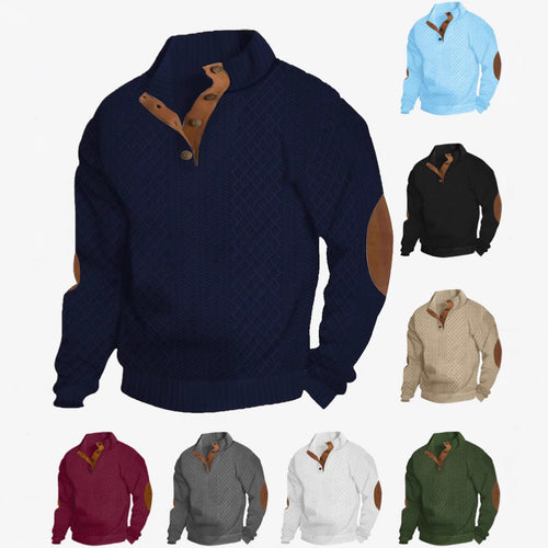 Herren nan Grobgestrickter Pullover mit Ellbogenpatches, Stehkragen und Knopfleiste Echo Archiv