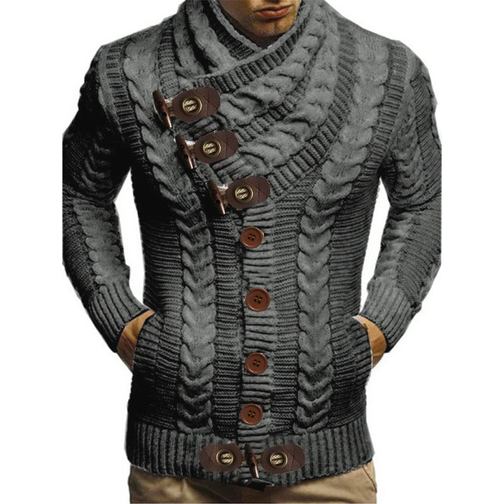 Herren Grobstrickjacke mit kreativem Schalkragen und Knopfdetails Echoarchiv