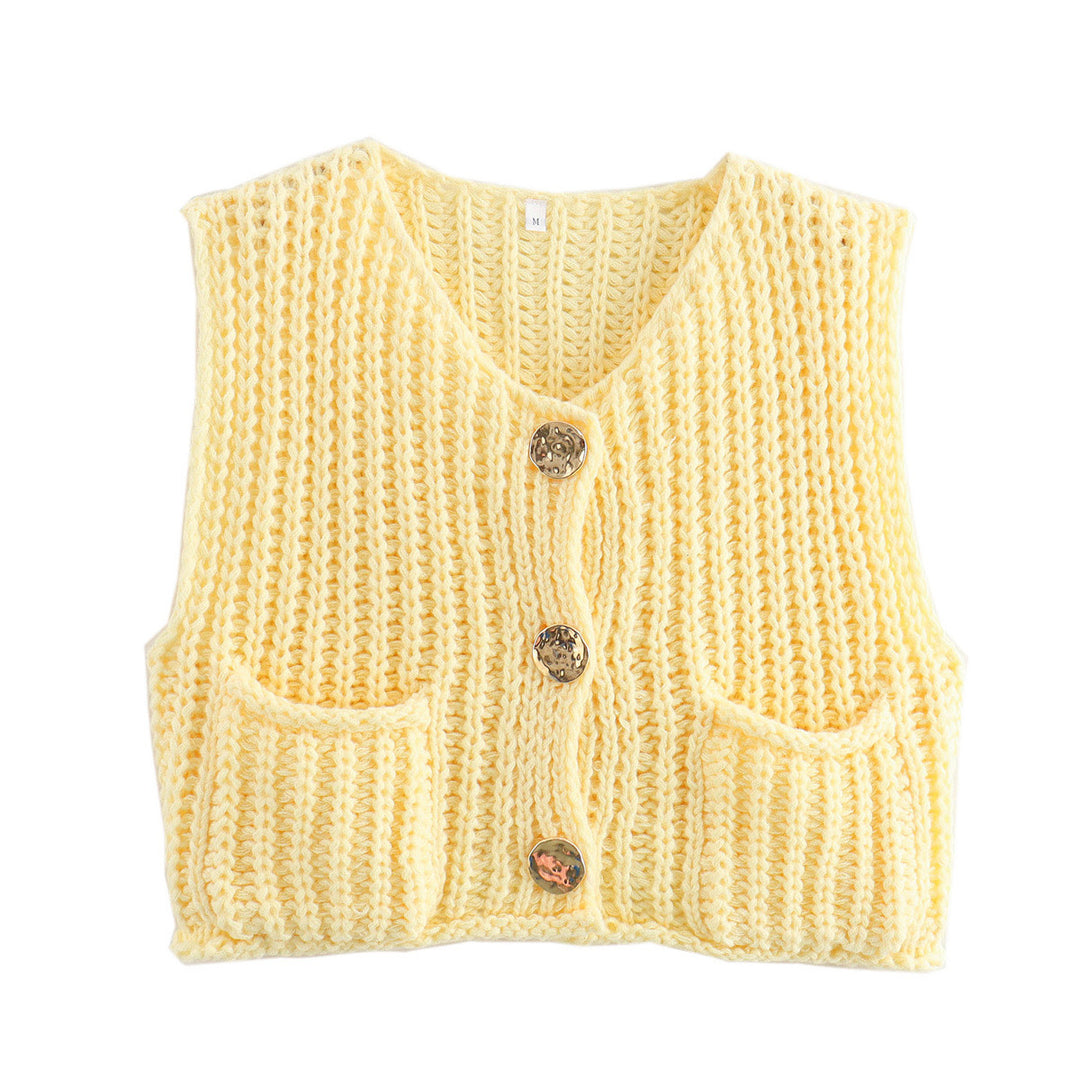 Damen Kurzgeschnittene Ärmellose Strickweste mit V-Ausschnitt und Zierknöpfen – Veloura