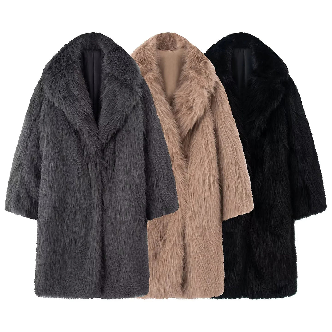 Damen nan langer kuscheliger Kunstfellmantel mit voluminösem Schalkragen und Oversize‑Silhouette Echo Archiv
