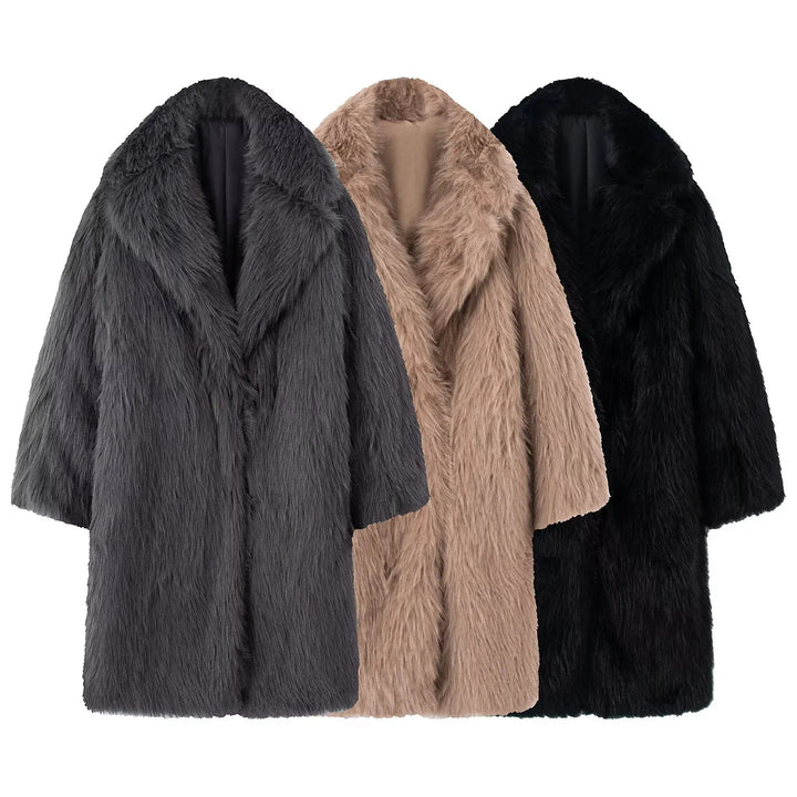Damen nan langer kuscheliger Kunstfellmantel mit voluminösem Schalkragen und Oversize‑Silhouette Echo Archiv