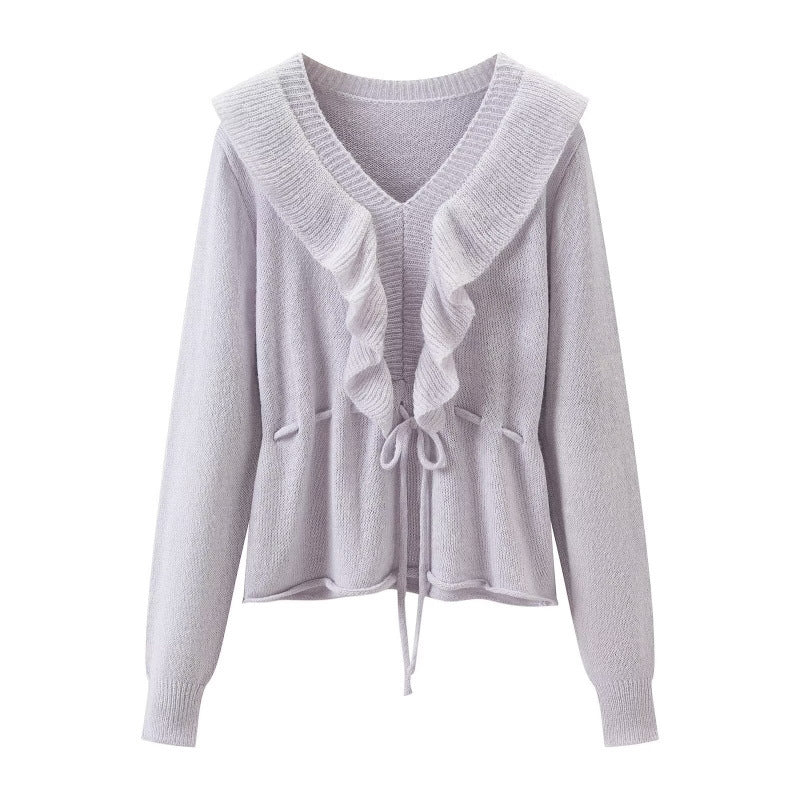 Damen Rüschen-Strickcardigan mit V‑Ausschnitt und Tunnelzugtaillierung Echo Archiv