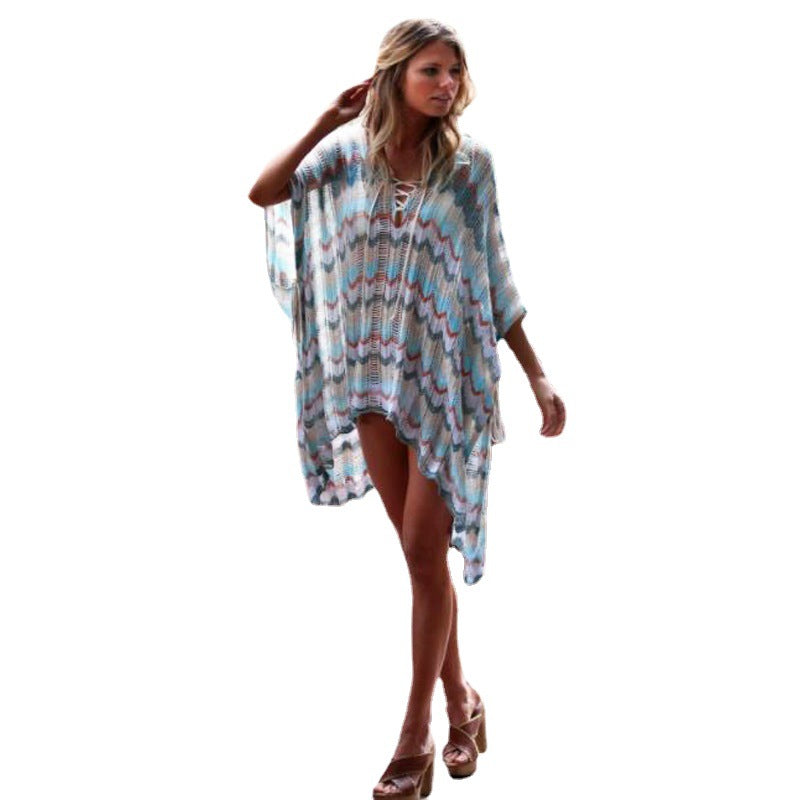 Damen lässiger Strandkimono im Wellenmuster mit offenen Ärmeln und seitlichen Schlitzen Echo Archiv