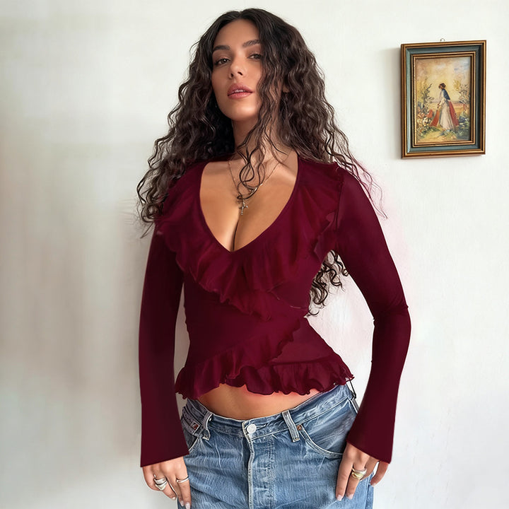 Damen Langarmshirt mit tiefem V-Ausschnitt, asymmetrischen Volants und tailliertem Peplum – Avérine