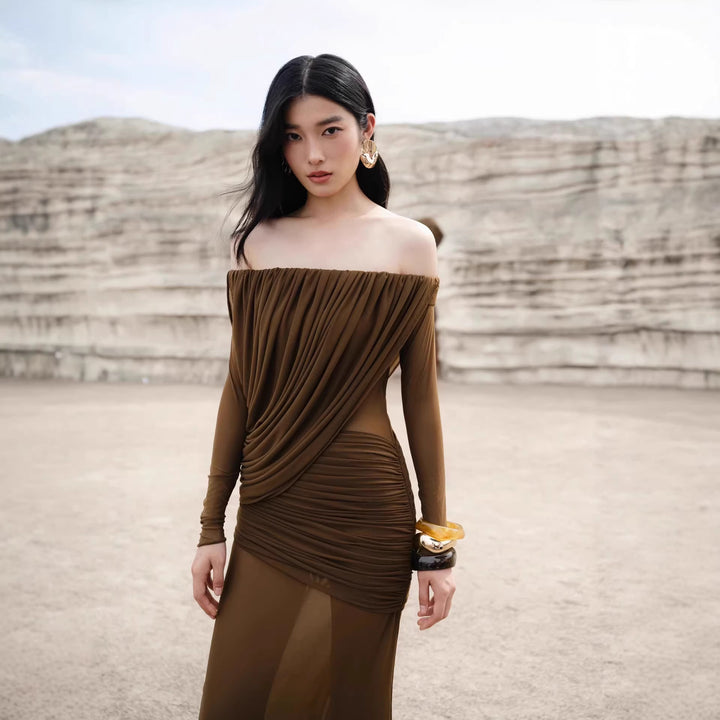 Damen Langarm Maxikleid mit Drapier-Design und schulterfreiem Ausschnitt Echo Archiv