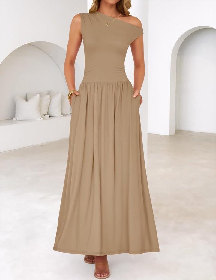 Damen Asymmetrisches Maxikleid mit One-Shoulder, Taillenbetonung und Seitentaschen Echo Archiv