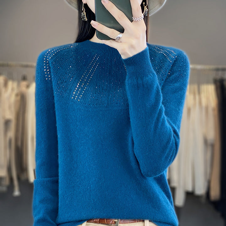 Damen Weicher Kaschmir‑Optik Feinstrickpullover mit Ajour‑Yoke und Paillettenbesatz Echoarchiv