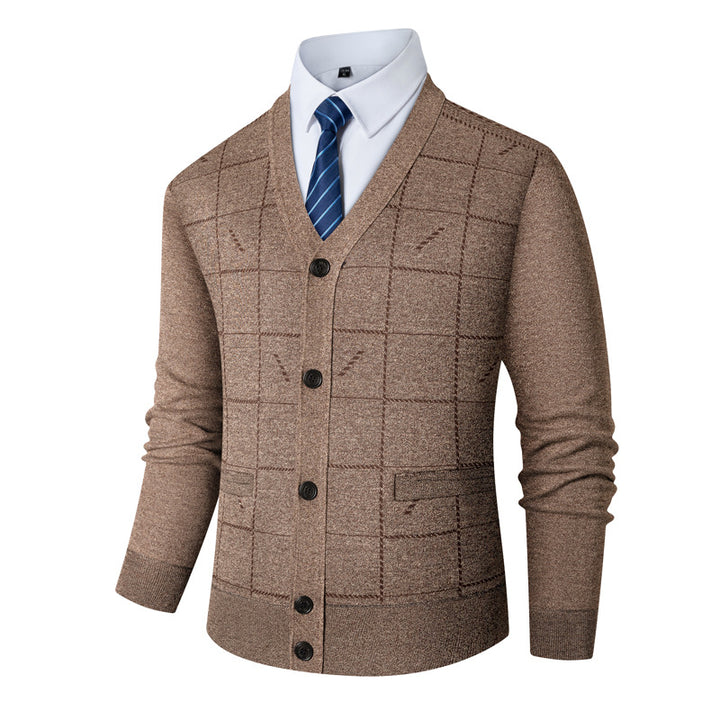 Herren V-Ausschnitt Strickjacke mit modernen Karomuster Echoarchiv