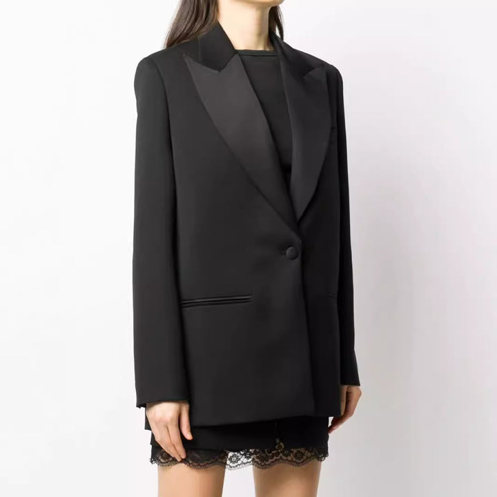Damen Oversize Einreihiger Longblazer mit Satin-Schalkragen und cleanem Tailoring Echoarchiv