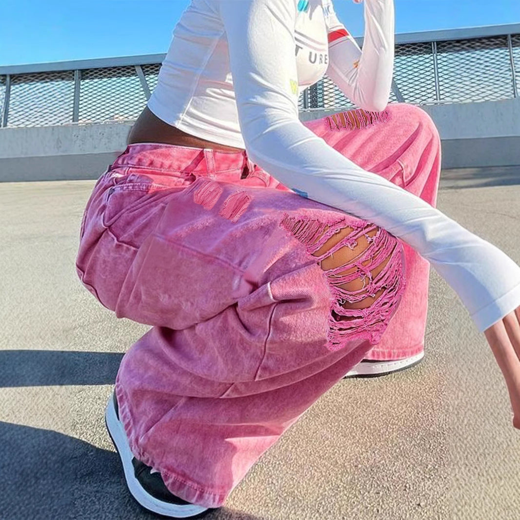 Damen Hochtaillierte weite Denim‑Palazzo‑Hose mit auffälligen Ripped‑Einsätzen Echo Archiv