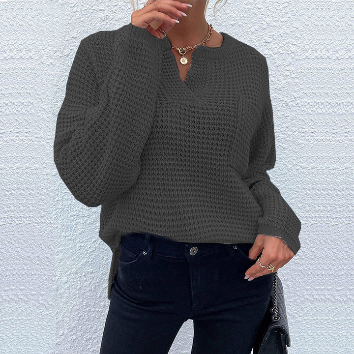 Damen Waffelstrick-Pullover mit V-Schlitz, oversized Schnitt und Ballonärmeln Echo Archiv