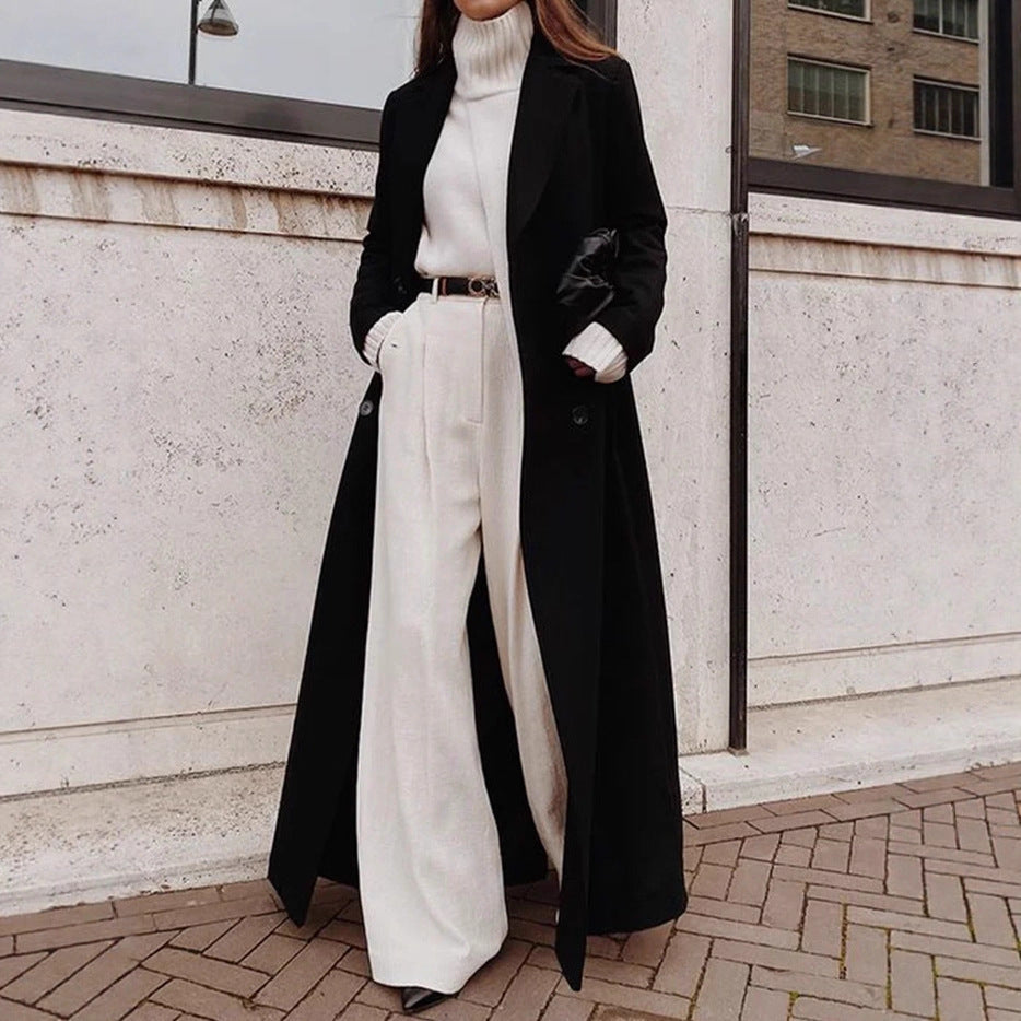 Damen Langer doppeltreihiger Wollmantel mit Reverskragen und taillierter Silhouette – Montévia