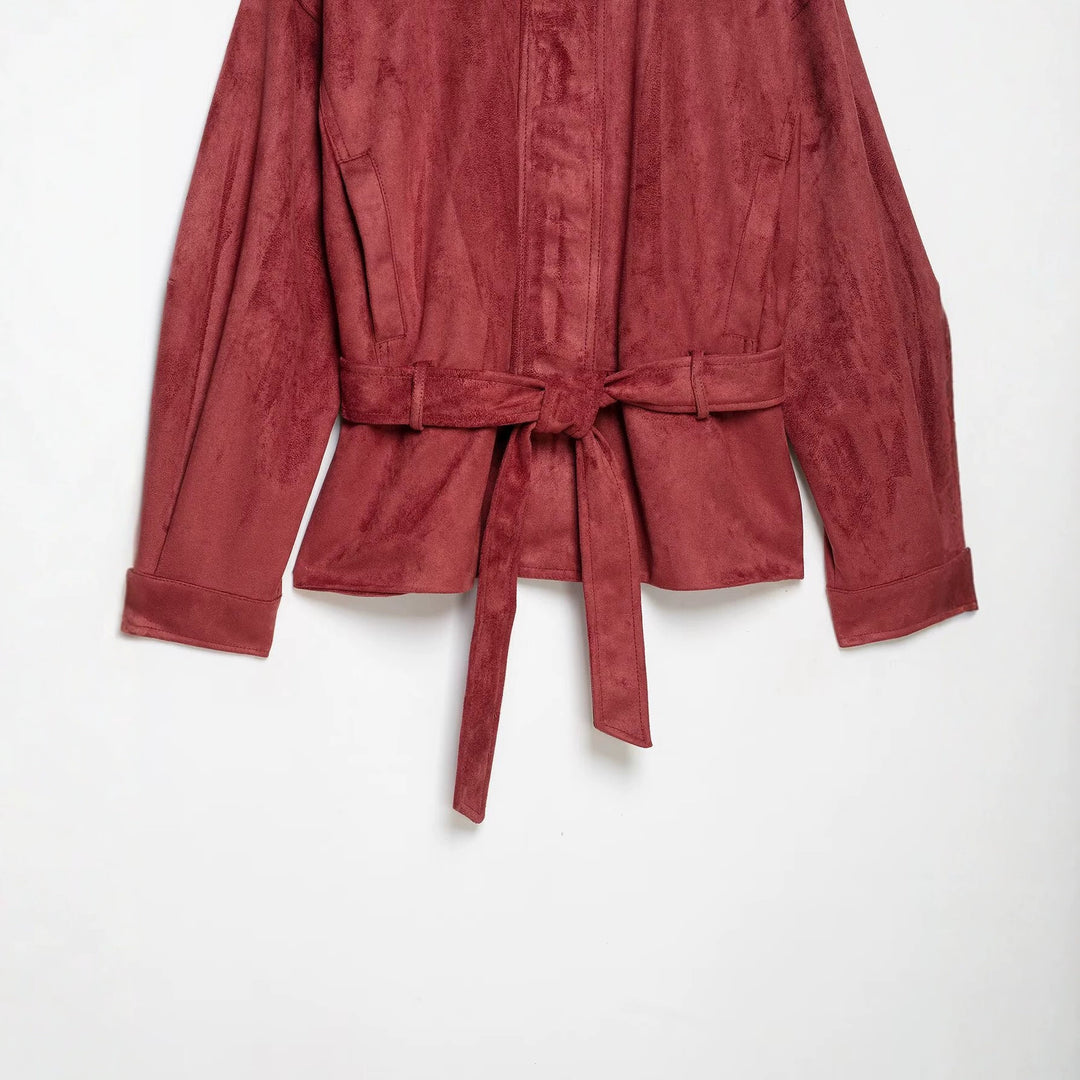 Damen Kimonoinspirierte Veloursjacke mit Bindegürtel und hohem Stehkragen Echoarchiv
