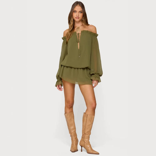 Damen Off-Shoulder Kleid mit voluminösen Puffärmeln und Rüschensaum Echo Archiv