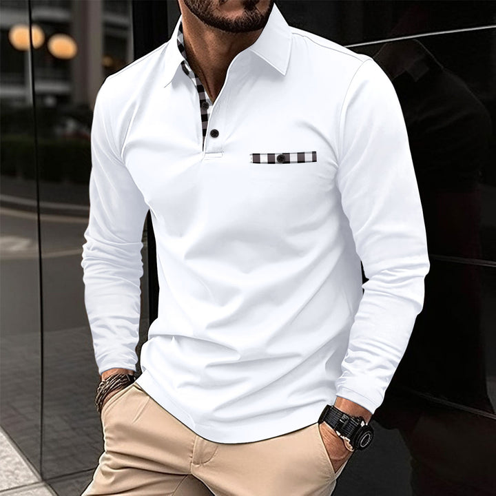 Herren modernes Langarm-Polohemd mit stilvollem Karodetail Echoarchiv