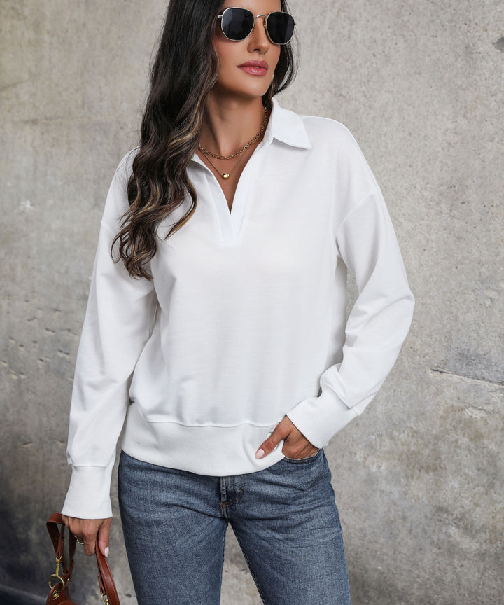Damen Lockerer Sweatshirt-Polo mit V-Ausschnitt und geripptem Saum Echoarchiv