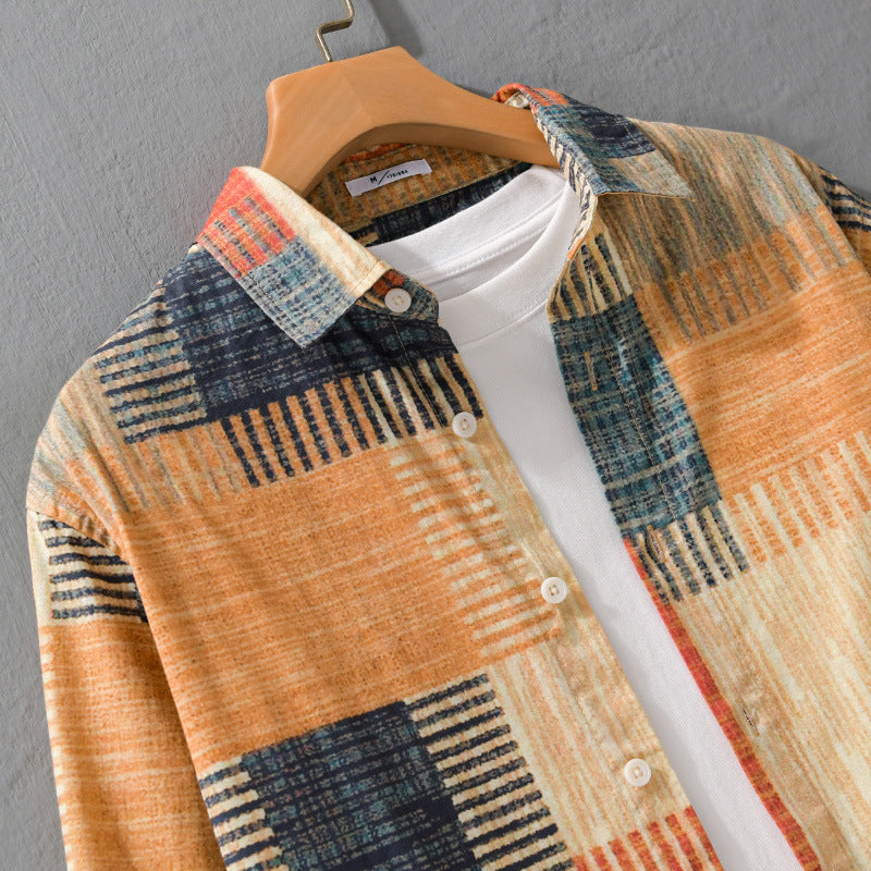 Herren Gemustertes Langarm-Hemd im Patchwork-Look aus leichtem Baumwollmix Relaxed Fit Echoarchiv