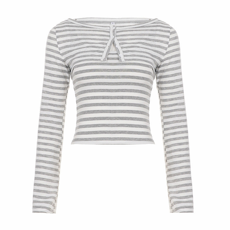 Damen Gestreiftes Cropped-Langarmshirt mit Boot-Ausschnitt und Zierschleife Echo Archiv