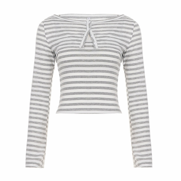 Damen Gestreiftes Cropped-Langarmshirt mit Boot-Ausschnitt und Zierschleife Echo Archiv
