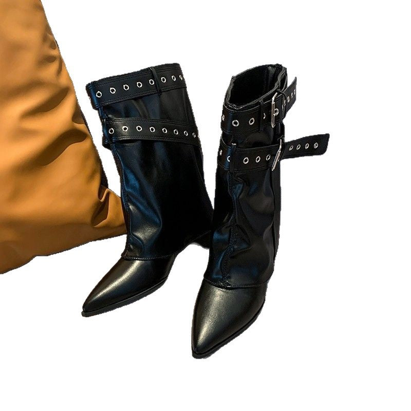 Damen Wadenhohe Wildleder-Slouch-Stiefel mit spitzer Zehenpartie und Zierschnallen – Lioré