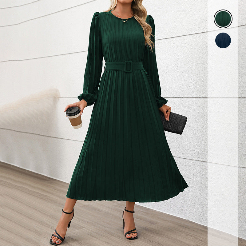 Damen Plissiertes Midikleid mit Taillengürtel, Puffärmeln und Rundhalsausschnitt – Élara