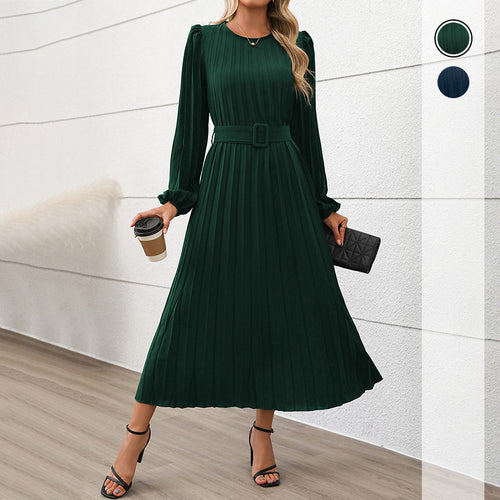 Damen Plissiertes Midikleid mit Taillengürtel, Puffärmeln und Rundhalsausschnitt – Élara