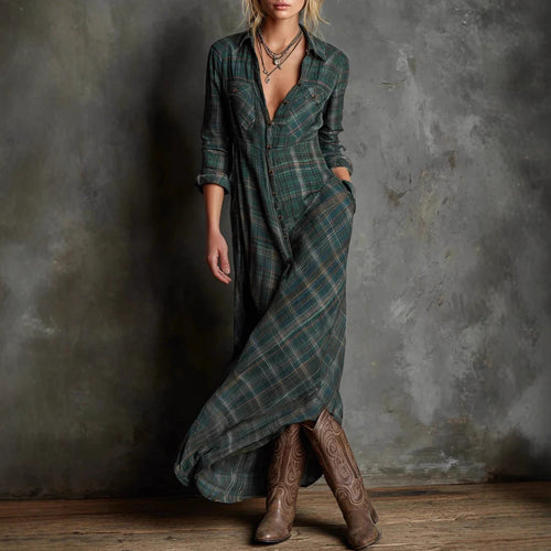 Damen Maxikleid aus kariertem Flanell-Look mit Knopfleiste und seitlichen Taschen – Valéora