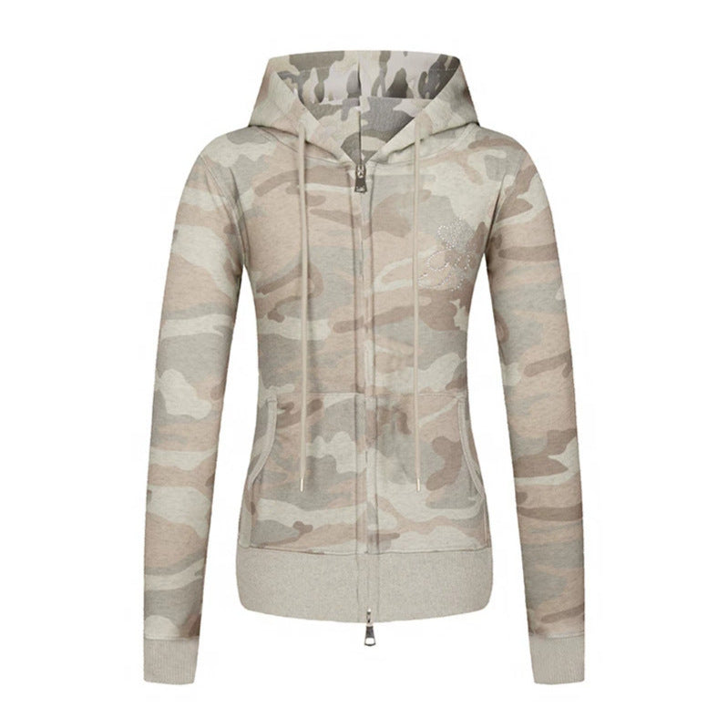 Damen Kapuzen-Sweatjacke mit zweiseitigem Reißverschluss, Camouflage-Print und Strass‑Schmetterling Echoarchiv
