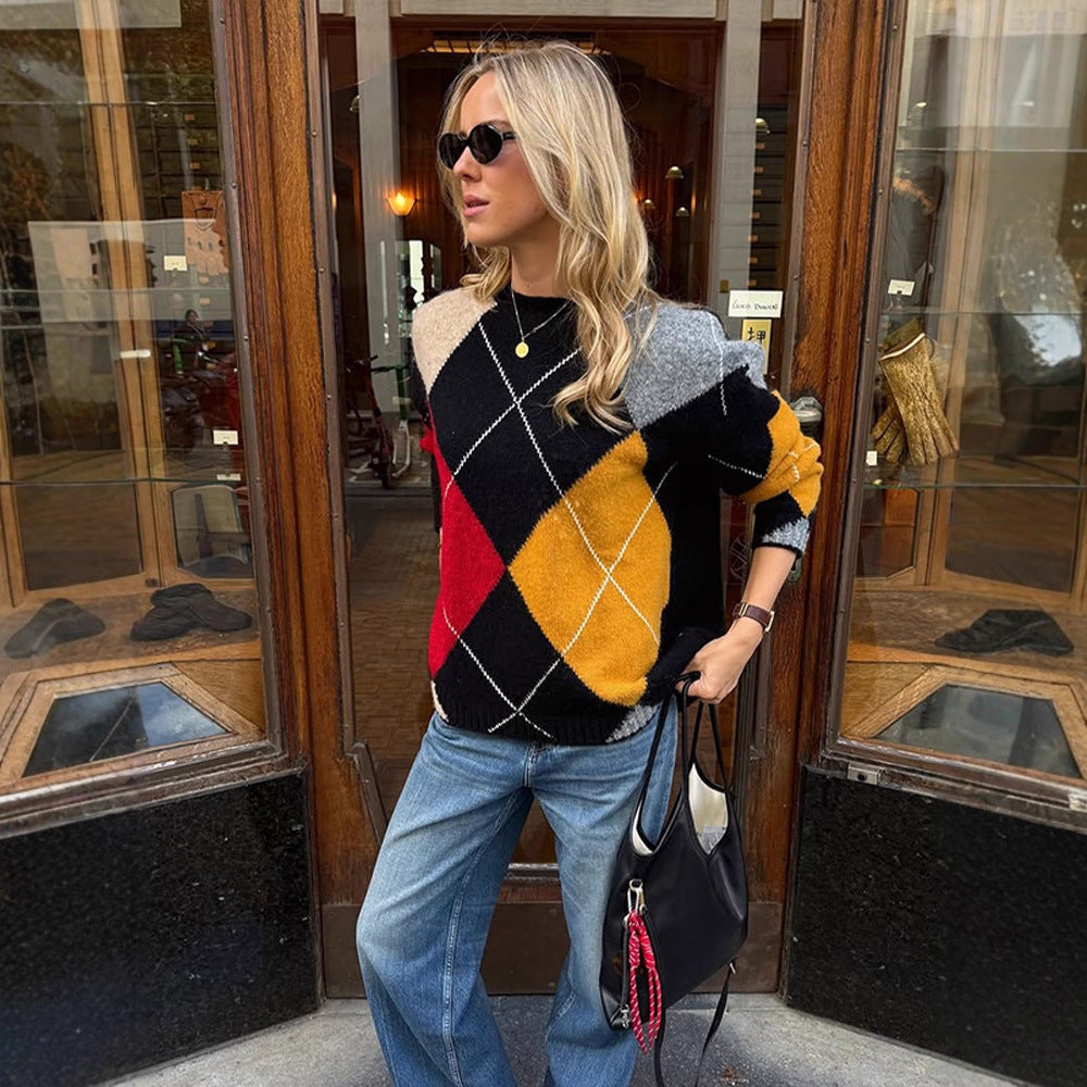 Damen Oversize Argyle-Pullover aus Mohair-Mix mit Rundhalsausschnitt und kontrastierenden Rautendetails Echoarchiv