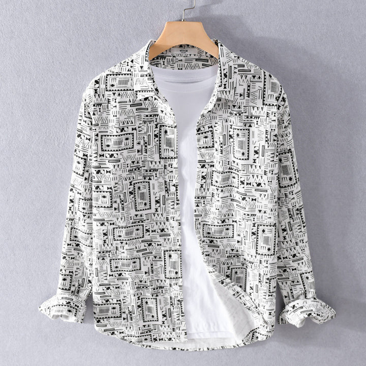 Herren Langarmhemd im Overshirt-Stil mit geometrischem Ethno‑Print Echoarchiv