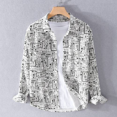 Herren Langarmhemd im Overshirt-Stil mit geometrischem Ethno‑Print Echoarchiv