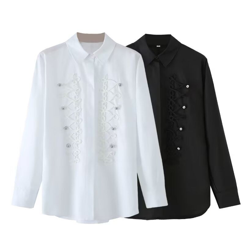 Damen Langärmlige Oversize-Bluse mit verdeckter Knopfleiste und dekorativen Kordelapplikationen Echo Archiv