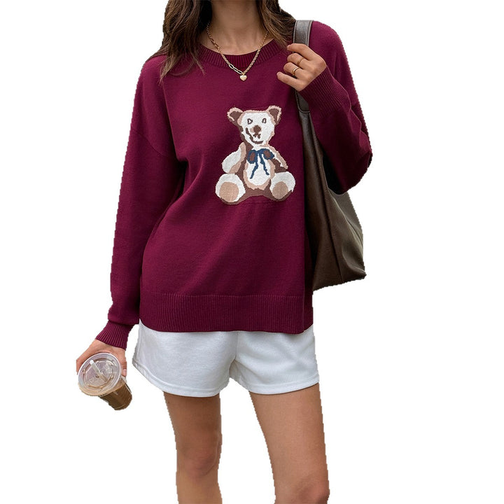 Damen Oversize-Strickpullover mit eingestricktem Teddybärmotiv und Rippbündchen – Mavelle